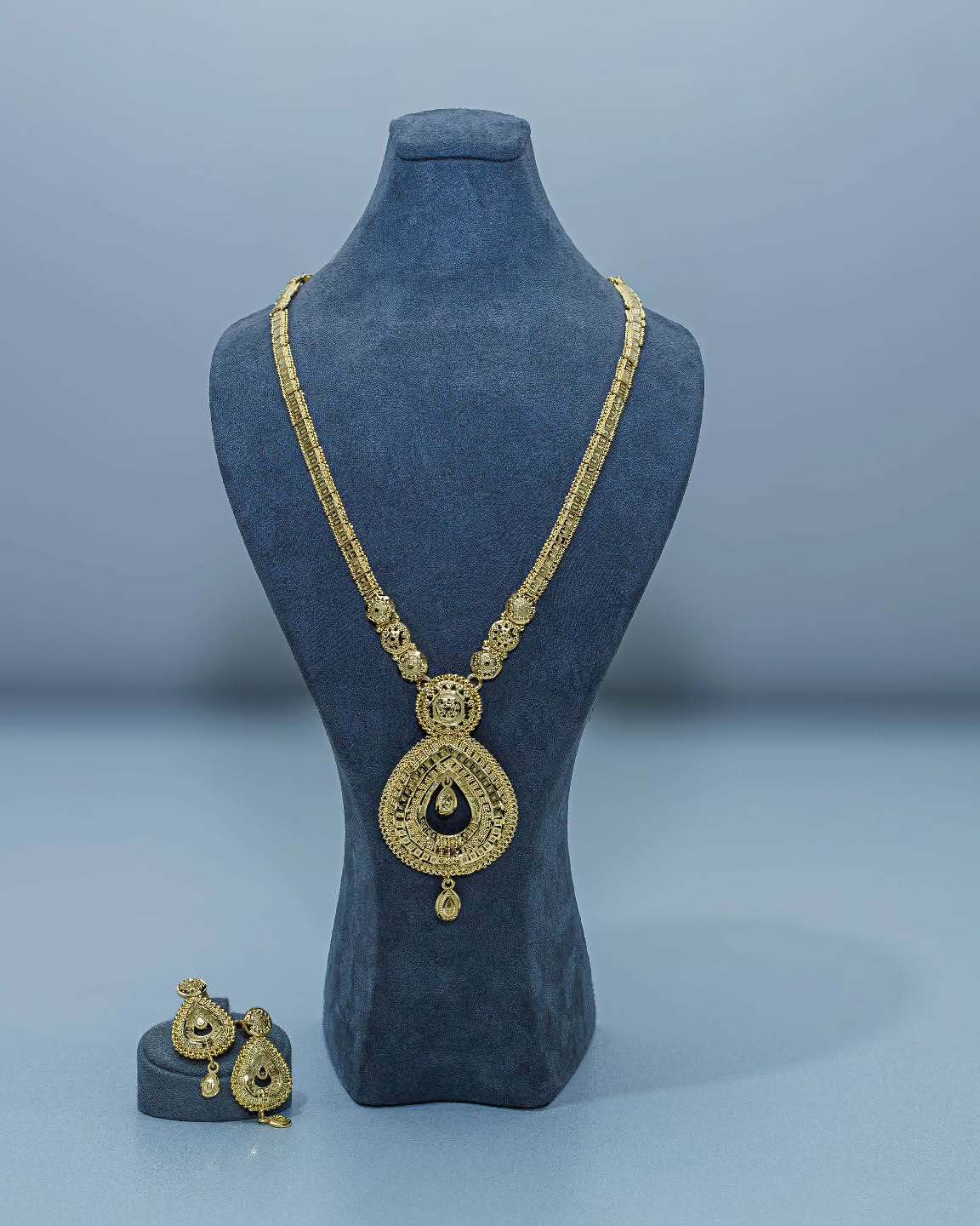 Gold Zarafet Damla Motifli Telkiri Gelin Kolye ve Küpe Seti - 22 Ayar Altın Kaplama